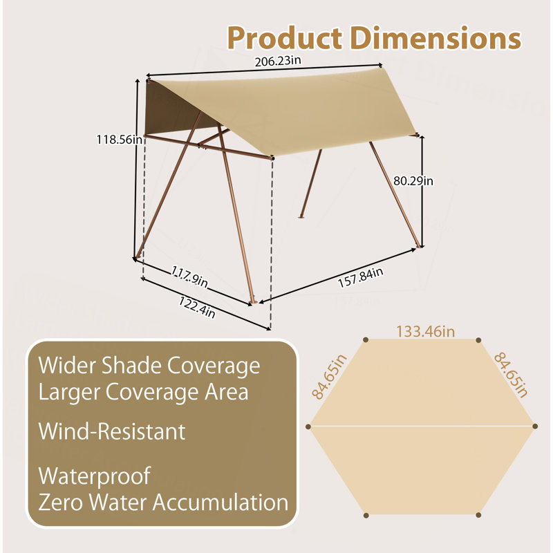 Auvent de voile hexagonal, grand abat-jour UV en forme de bloc UV de 20 po x 118 po avec UPF 50+, tissu en polyester haute densité imperméable, poteaux résistants à la rouille et crochets intégrés pour le patio - Kaki clair