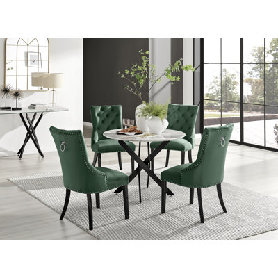 Tierra Modern Chrome Metal & Glass Round Dining Table Set with 4 Luxury Button Velvet Chairs