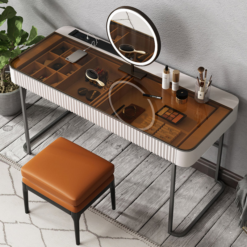 Dressing Table with Mirror, 29.5” H x 50“ W x 23” D, Beige/Grey