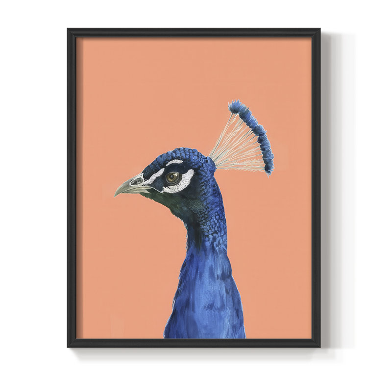 Peach Peacock Portrait II Framed Print - Solid Wood, Noir, noir, noir, noir, H 11 po x l 9 po