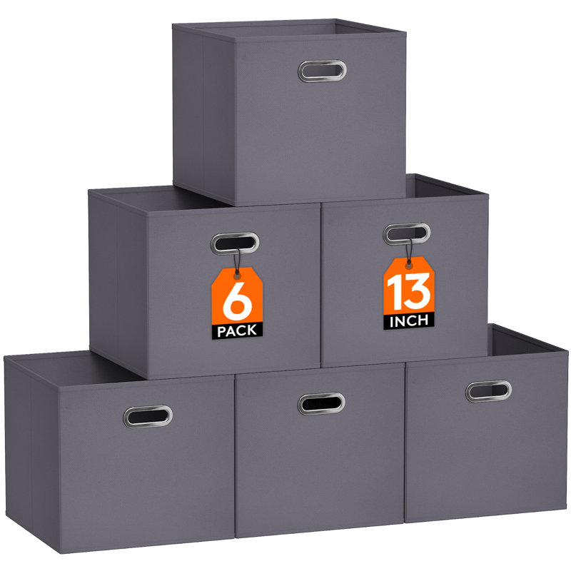 13 Inch Cube Storage Bins, 6 Packs Cube Storage Organizer, Foldable Decorative Fabric Storage Baskets For Organizing Home Organizers With Metal Handles For Shelves, Closet, Gray