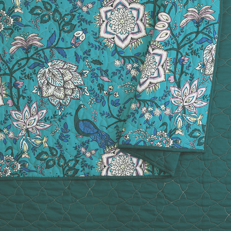 Turquoise Floral and Peacock King Microfiber Quilt Set