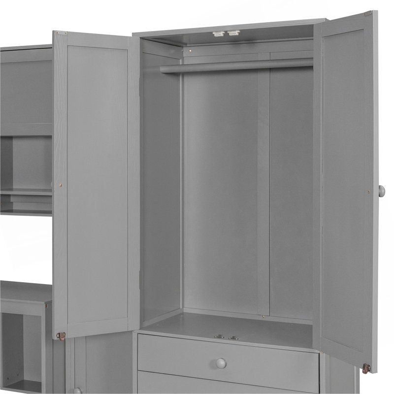 Lit plateforme simple en bois avec bureau, armoire, armoires, tiroirs et tablettes, gris