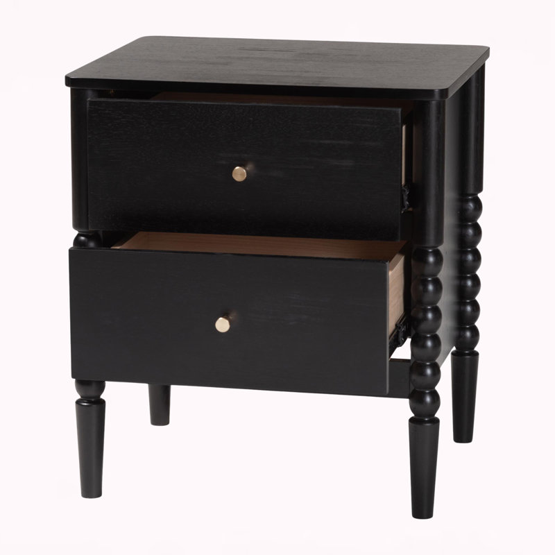 Vance Black Finish 2-Drawer Bobbin Nightstand With Metal Pull, 23.83" H X 21.02" W X 17.42" D, Black