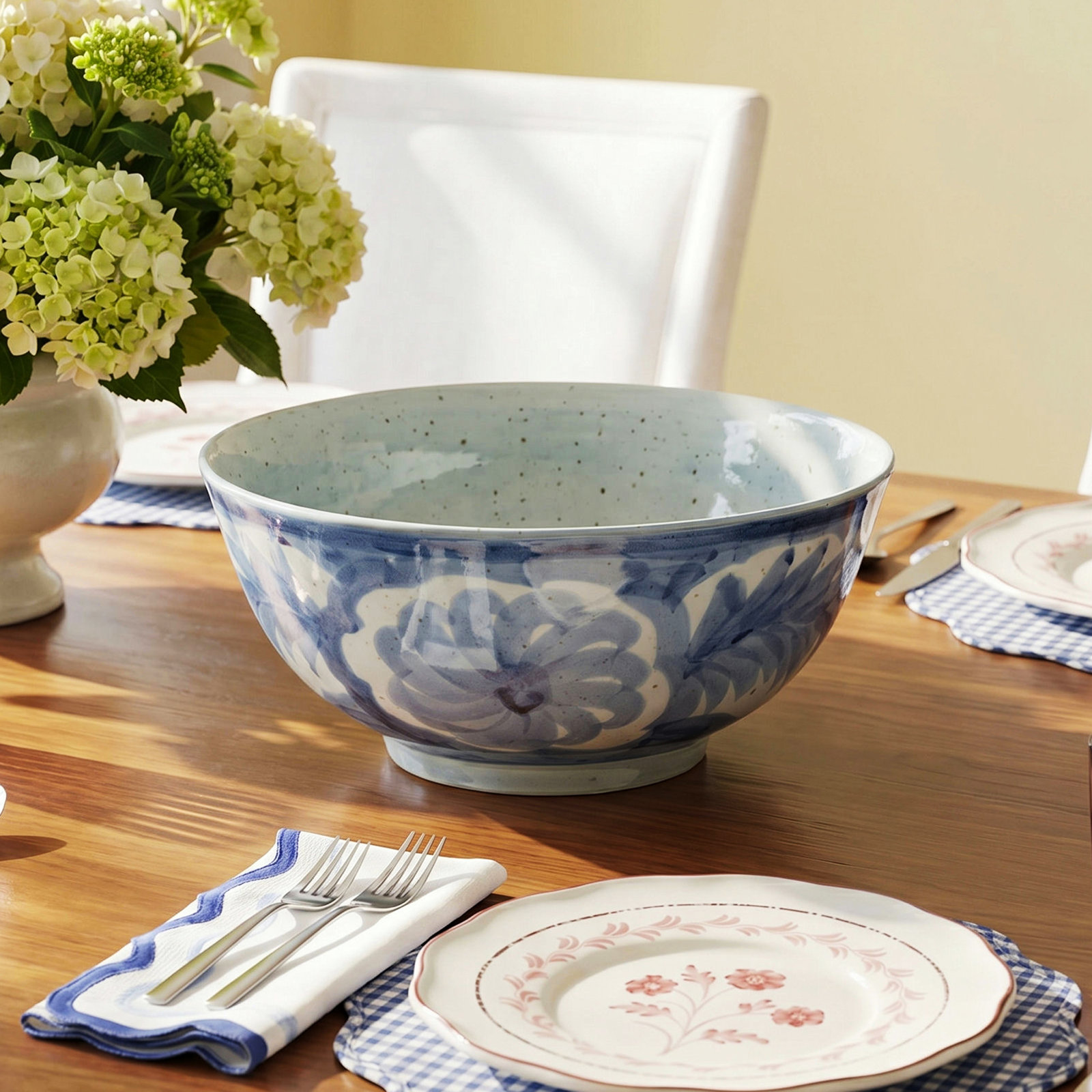 Caspen Hand-Painted Stoneware Bowl with Water Color Floral Design, Blue