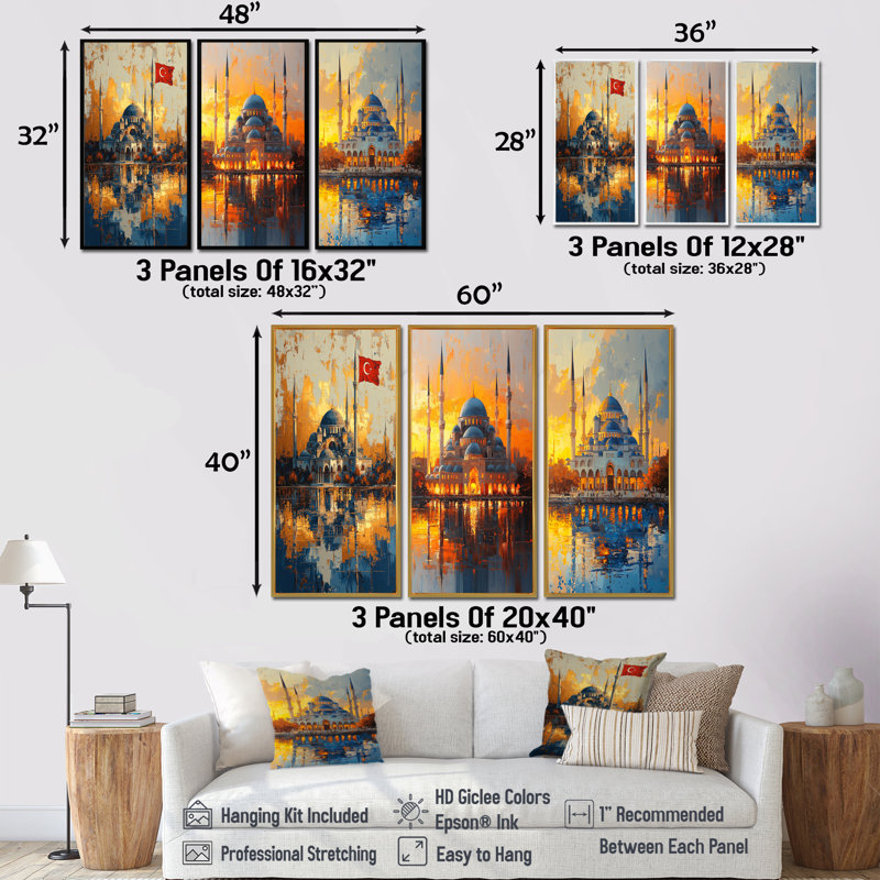 Istanbul, mosquée jaune Sultanahmet I - Collection d'impressions sur toile 3 pièces, 28" H x 36" W, White