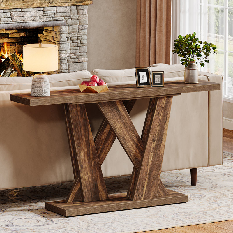 Console 55 po, table d'entrée avec base géométrique, Brun