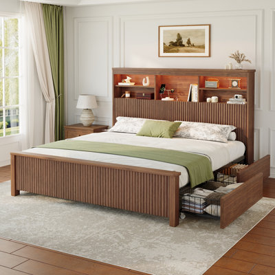 Modern Fluted Platform Bed with LED Headboard Storage & 4 Under-Bed Drawers