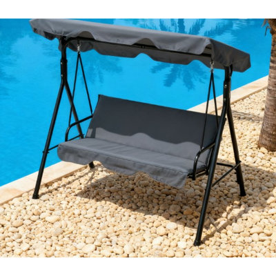 Balancelle d'extérieur pour 3 personnes avec auvent inclinable réglable pour et pour le jardin, sièges confortables et épais, auvent pare-soleil, structure à glissière en acier, assemblage requis, cour arrière près de la piscine,