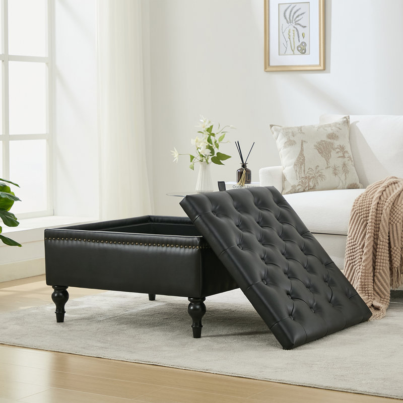 31.2"W Upholstered Square Tufted Storage Ottoman With Flip-top Design, Black