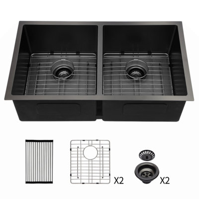 Double Bowl50/50 Undermount Sink- 33"X19" Gunmetal Black  Double Bowl Kitchen Sink 16 Gauge With 2 10" Deep Basin
