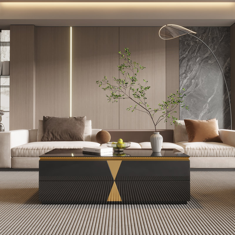 Ryian Black Glass Top Coffee Table With Gold Classic Landing Shape With 4 Drawers, Fully Assembled