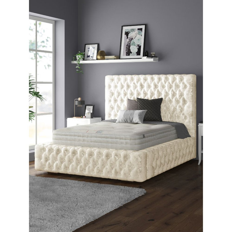 Clovis Upholstered Bed, Kingsize (5'), Cream, Crush Velvet