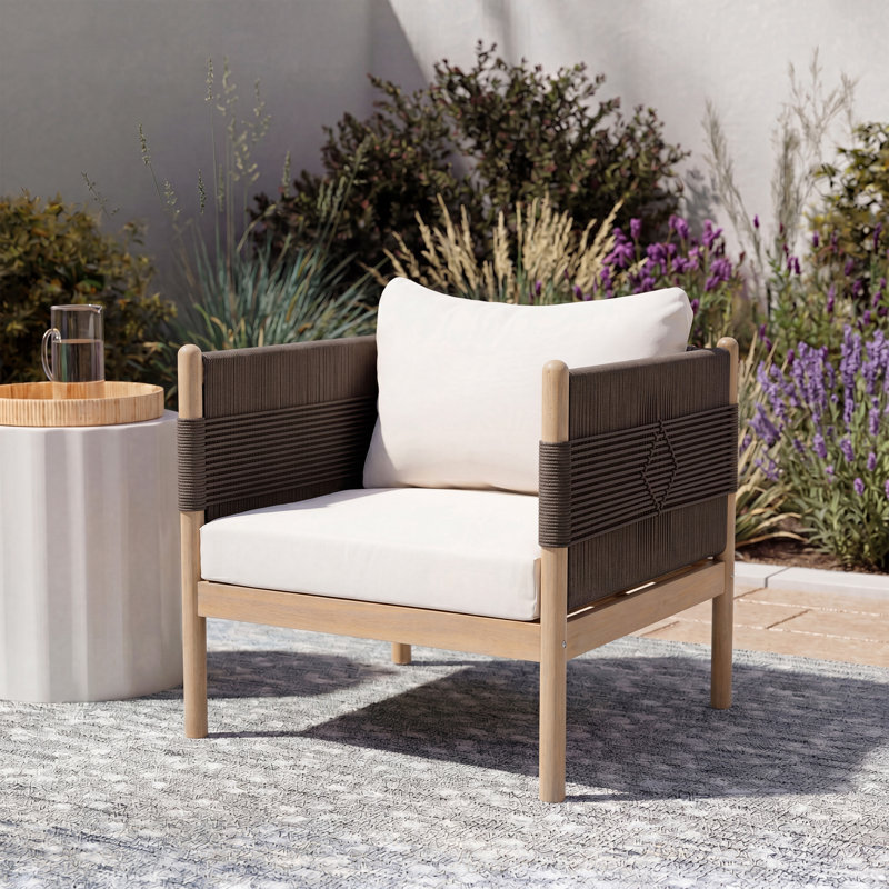Fauteuil club d'extérieur en bois d'acacia avec tissage et coussins en corde de diamant, teck clair