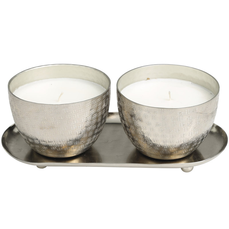 Metal Rose in Paradise Scented Grid Patterned 10 oz 1 Wick Decorative Candle with White Wax, Silver