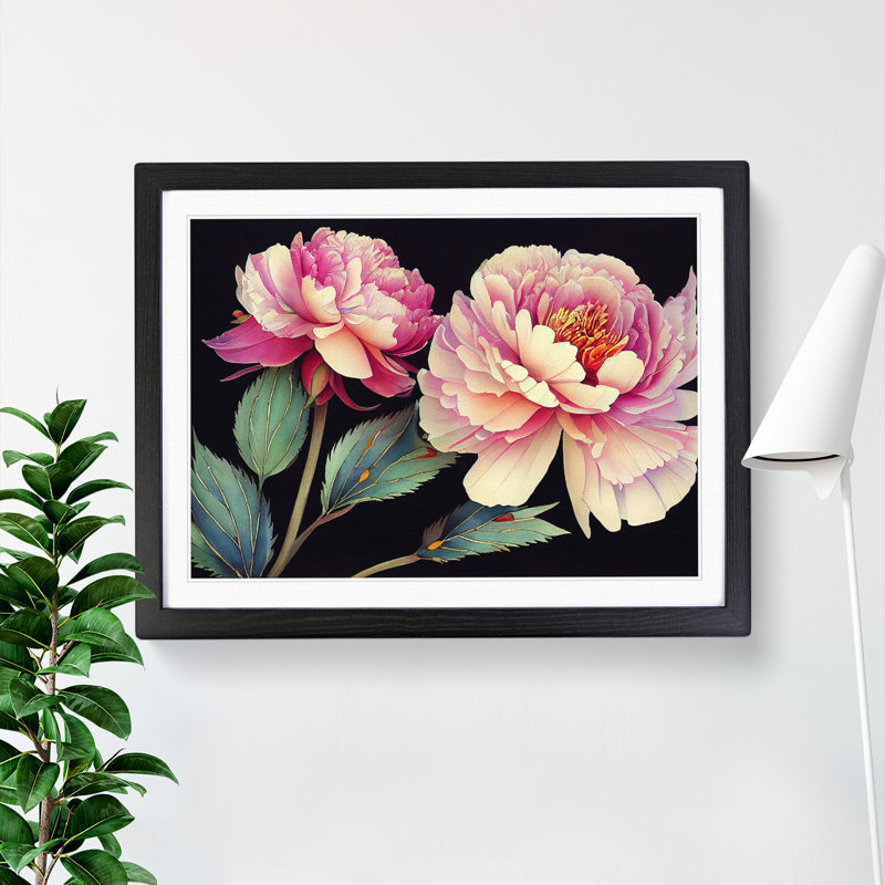 Watercolour Peony Flowers Vol.1 - Single Picture Frame Painting, 46cm H x 64cm W x 2cm D, Black