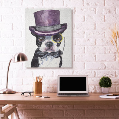 «Boston Terrier with Hat Dog Pet Animal Watercolor Painting», impression sur toile