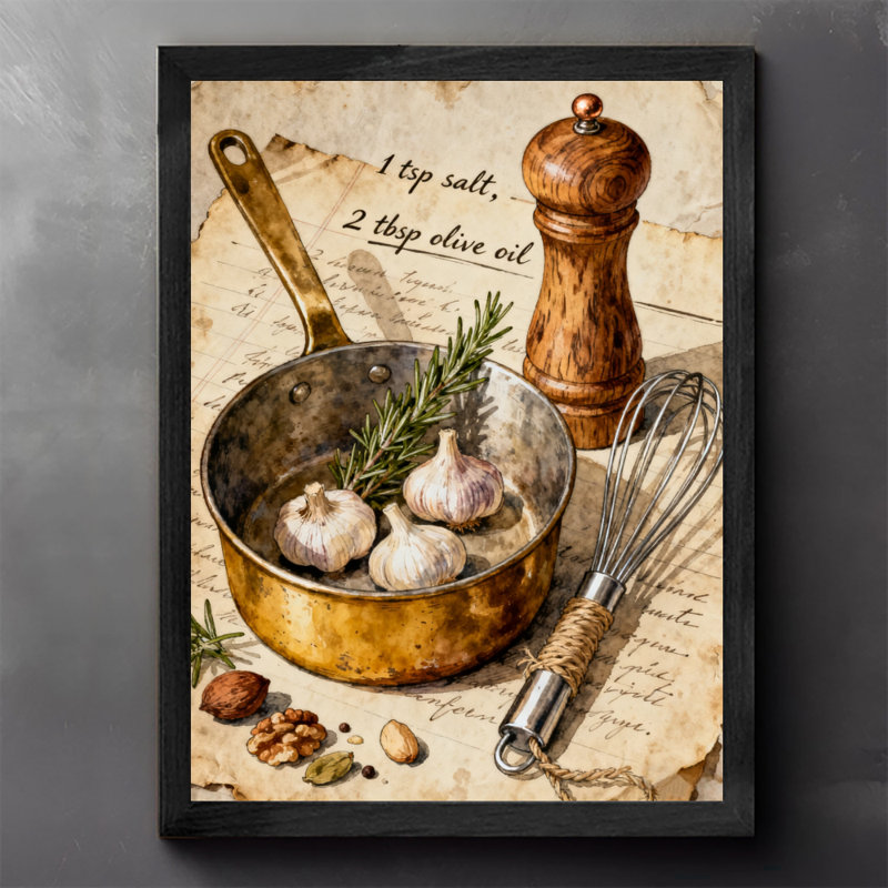 Art encadré noir, ustensiles et ingrédients de cuisine rétro, impressions encadrées de style rétro, H 11 po x l 9 po