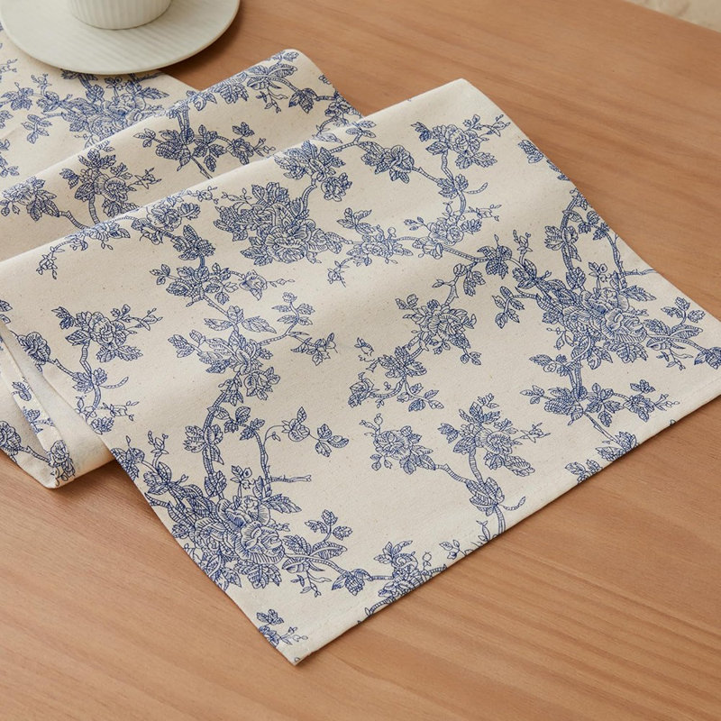 Chemin de table en coton - bleu - pastoral français, imprimé floral rétro, style maison de campagne pour la décoration intérieure
