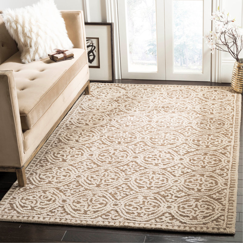 Tapis unique en laine touffeté fabriqué à la main à motif géométrique brun clair Sadik, Rectangle 11 pi x 15 pi