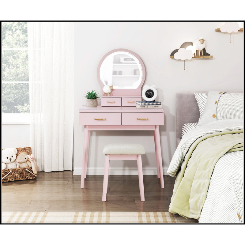 Beautiful Pink Vanity Dresser With Mirror, Stool, And Storage Drawers For Bedroom Elegance And Functionality, Pink