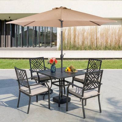  7-piece Patio Dining Set With Umbrella And Cushions, Stackable Chairs And Table Set For Garden, Backyard, Poolside