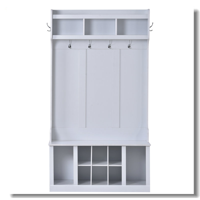 White Solid Wood Hall Tree with Storage and Hooks