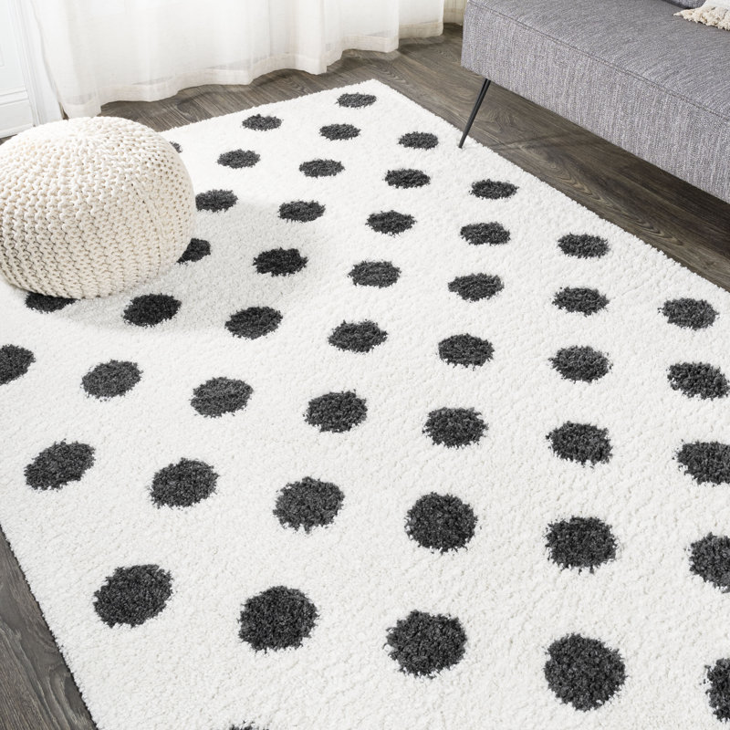 Colleps Polka Dots Ivory/Black Area Rug, Rectangle 4' x 6'