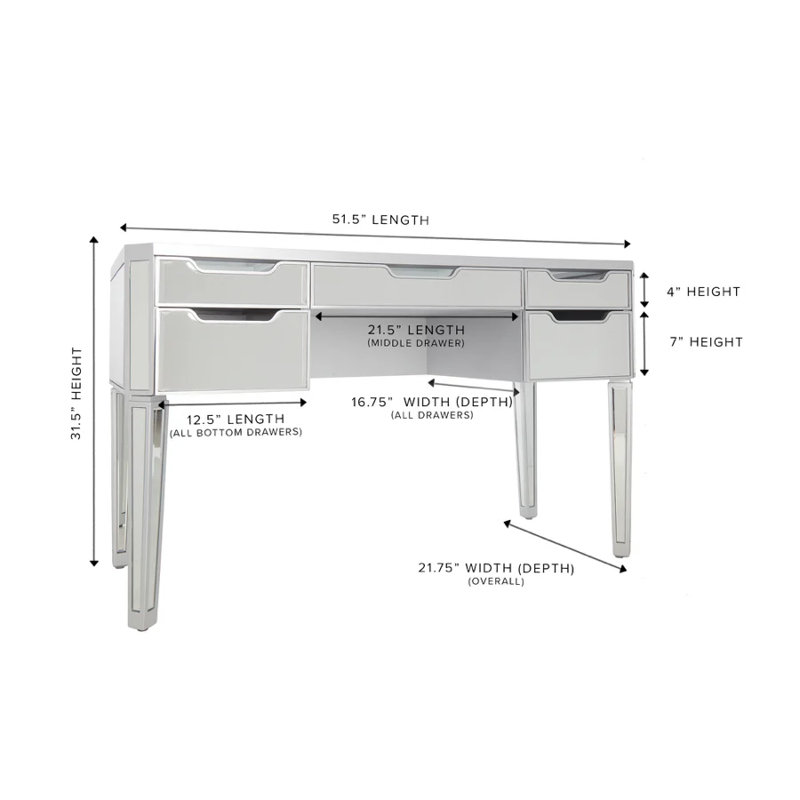 Table de coiffeuse avec plateau en verre transparent, plateau de maquillage avec panneaux latéraux en miroir, tiroirs et pieds Slay Station Aria