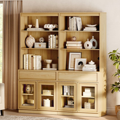 Modern 72" Tall Bookshelf with Glass Doors and Adjustable Shelves, Library Bookcase with Storage Cabinet and Drawers, Wood Book shelf for Home Office,