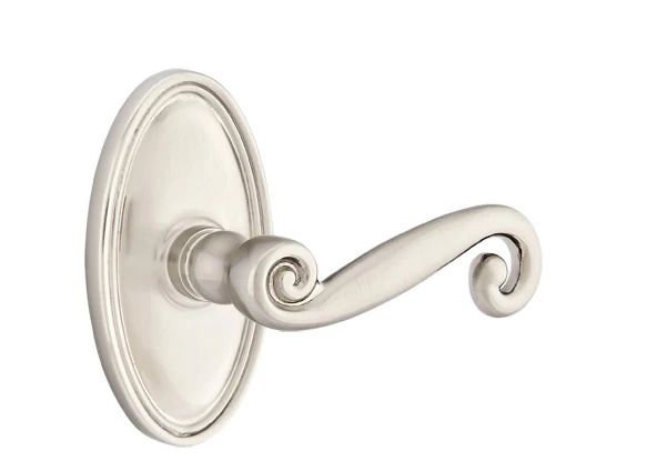 Mortaise intérieure Emtek Passage avec rosette ovale et levier rustique, Gauche, Nickel satiné