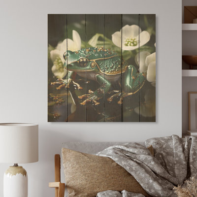 Green Frog On Glass Effect - Frogs & Toads Wood Wall Art On Natural Pine Wood