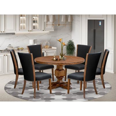 7 Piece Dining Table Set for 6 Includes a 54" Round Table with Pedestal and 6 Black Linen Fabric Parson Chairs, Antique Walnut
