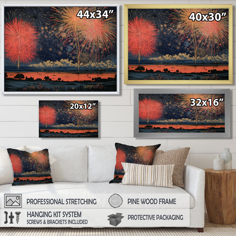 Feux d'artifice du Nouvel An au-dessus du pays rétro, Toile avec cadre flottant or, H 34 po x l 44 po x P 1,5 po