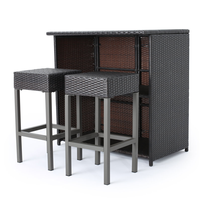 Ensemble d'îlot de bar avec tablettes de rangement et 2 tabourets en rotin Toronto