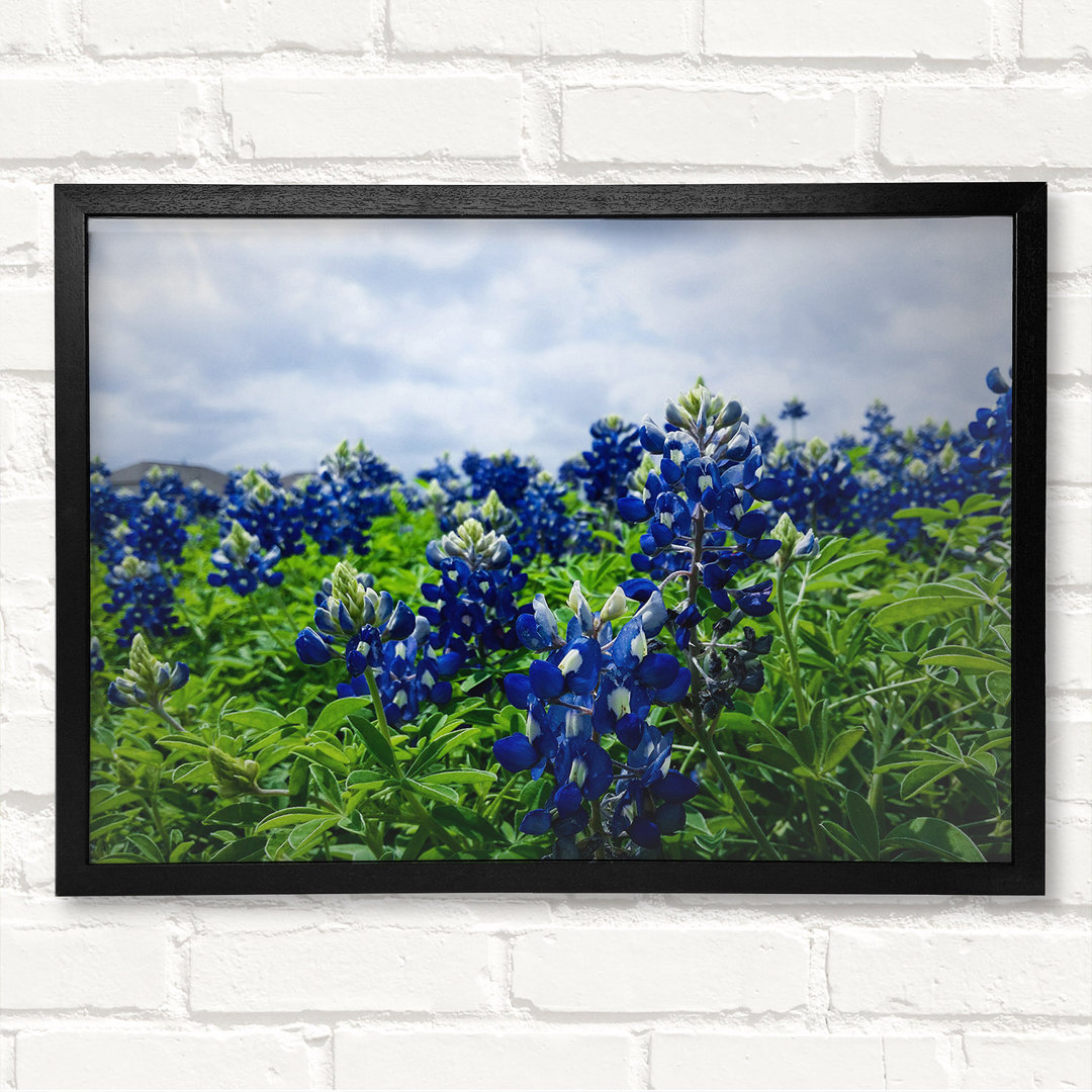 Bue Flowers On Green Stems - Closed Corner Frame Kunstdrucke auf Holz