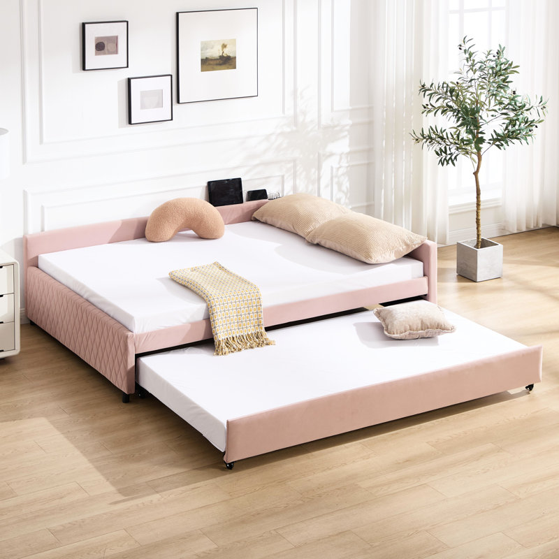 Lit de jour rembourré avec lit gigogne rose à motif de losanges polyvalent pour chambre à coucher et salon, stable et confortable