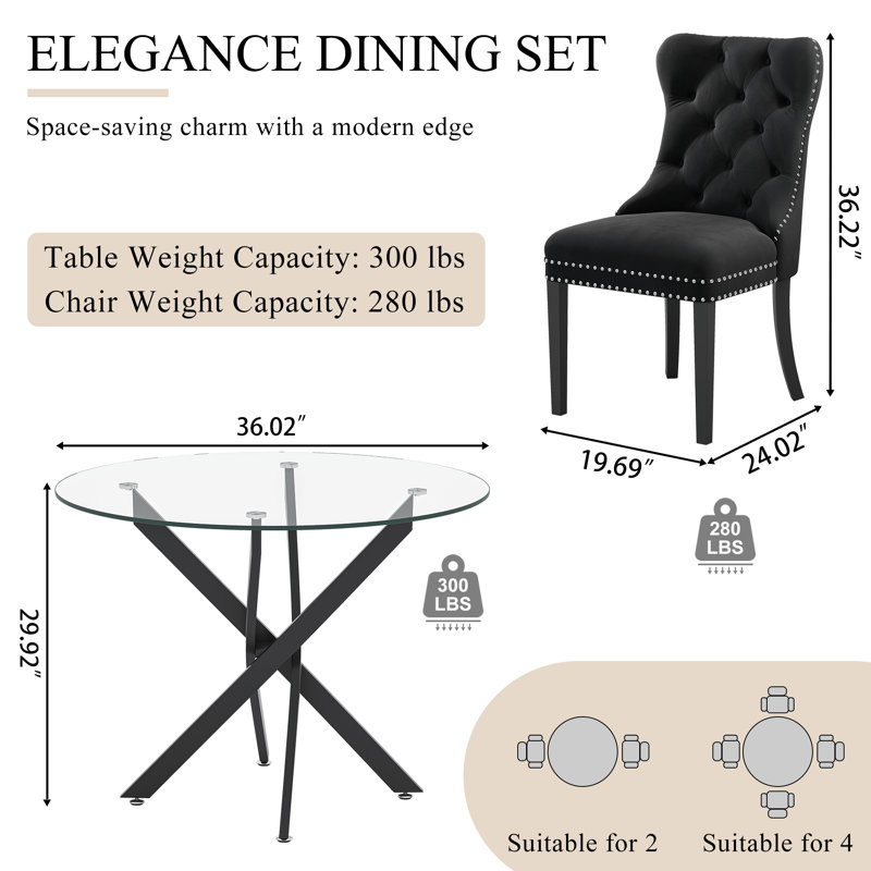 3-Piece Dining Table Set, 36" Round Tempered Glass Table And 2 Tufted Velvet Upholstered Chairs With Nailhead Trim And Pull Ring