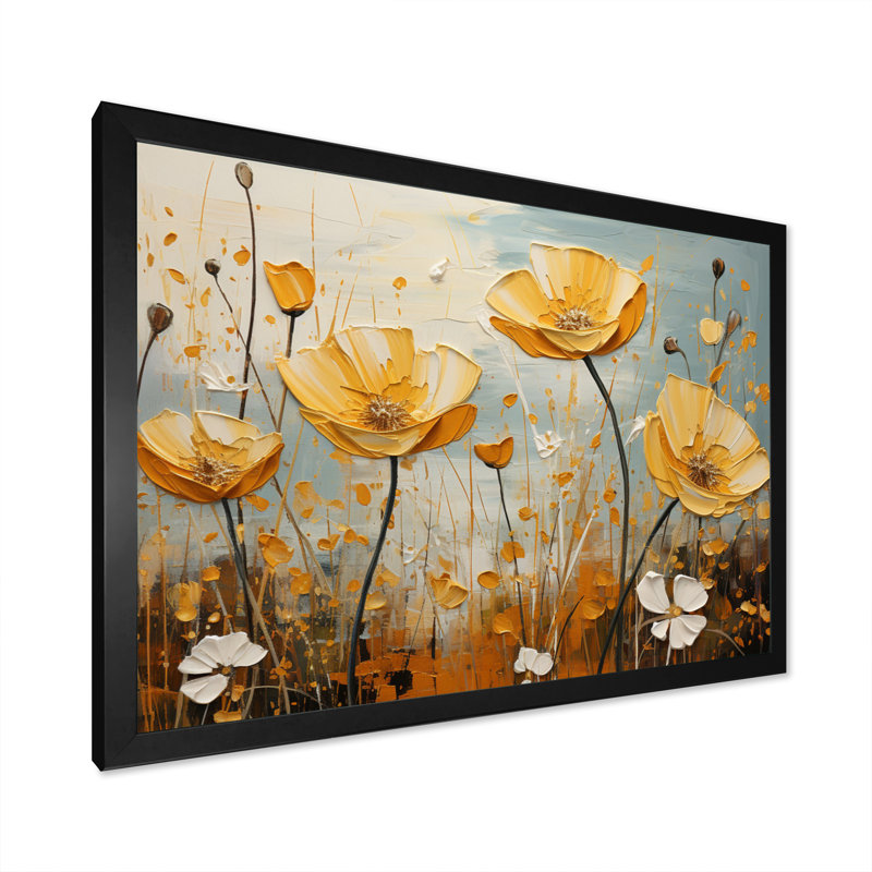 «Yellow Grey Buttercups Golden Glow Patchwork», reproduction sur toile, Cadre photo noir, H 34 po x l 44 po x P 1,5 po