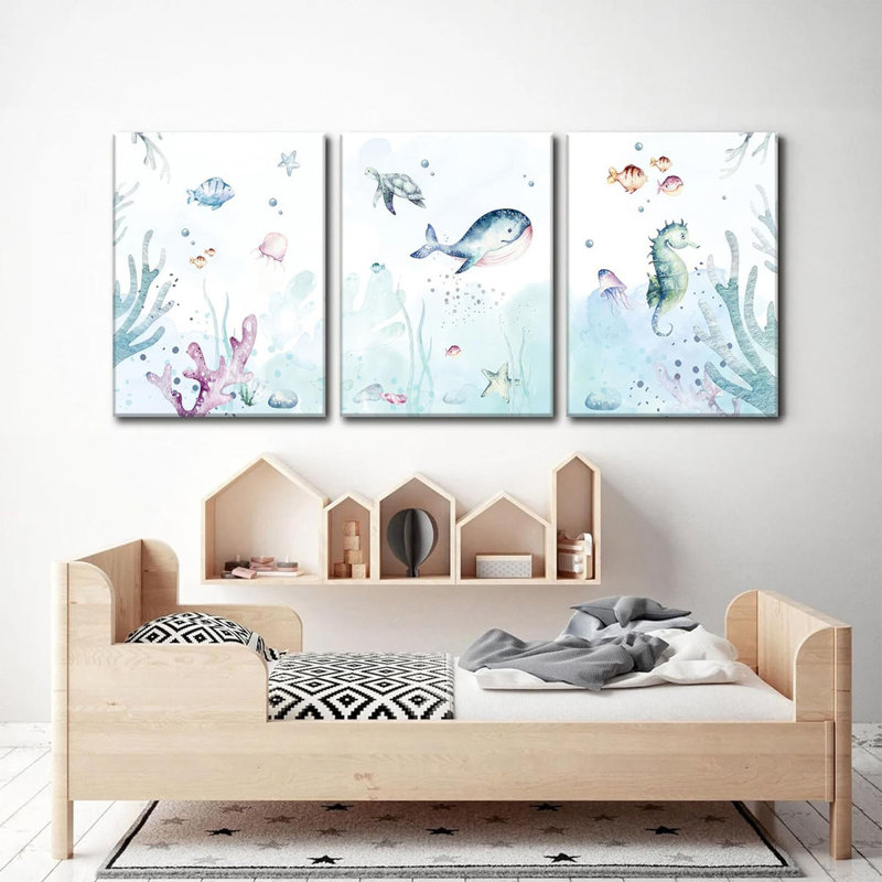 Ocean Nursery Canvas Wall Art,Nursery Wall Decor,Kids Bathroom Decor,Under The Sea Picture,Boys Room Sea Animal Prints Set of 3,Bedroom 16x24in Framed