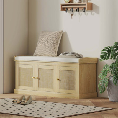 Banc de rangement pour chaussures avec rotin tissé, banc pour chaussures avec coussin, tablettes réglables, banc d'entrée pour chambre à coucher, salon