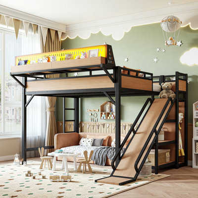 Grand lit mezzanine avec glissoire, tablettes de rangement et garde-robe intégrée, cadre de lit mezzanine en métal avec ports USB et lumières DEL, avec panneau perforé, sécuritaire et solide