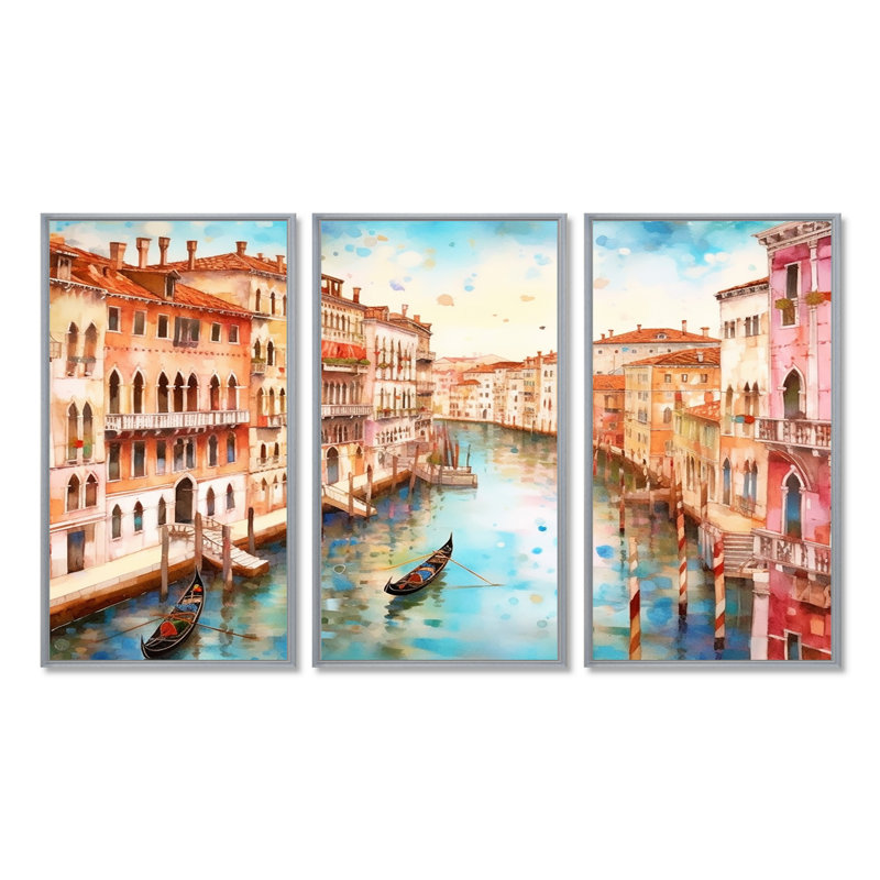 Amariauna - Ensemble d'art mural Venise, Encadrement argenté, H 32 po x l 48 po x P 1 po