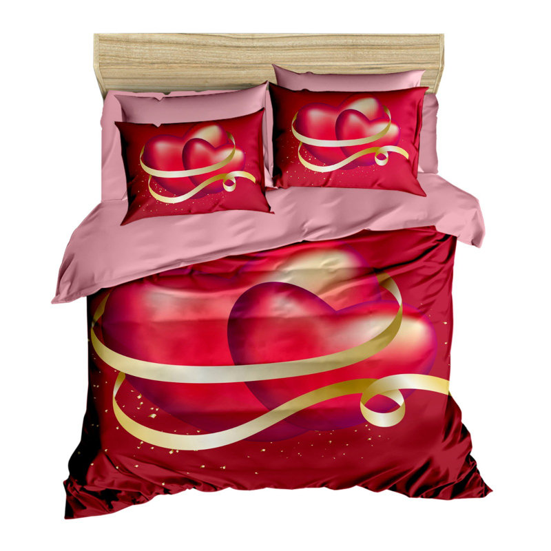 Ensemble de housse de couette double de qualité supérieure, rouge et rose avec des accents dorés | 100% polyester de polyester et coton, housse de couette 79 x 87 et taies d'oreiller 20 x 27 (2 pièces) | Lavable à la machine, fermeture à glissière, impression 3D luxueuse