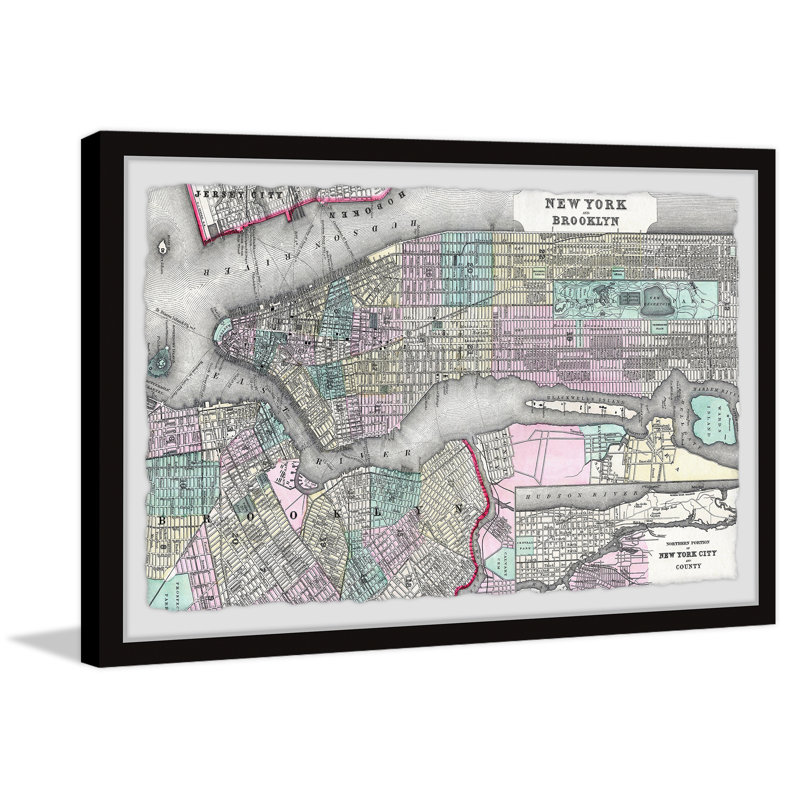 «Colored Brooklyn Map» - Reproduction encadrée sur papier, H 30 po x l 20 po x P 1,5 po