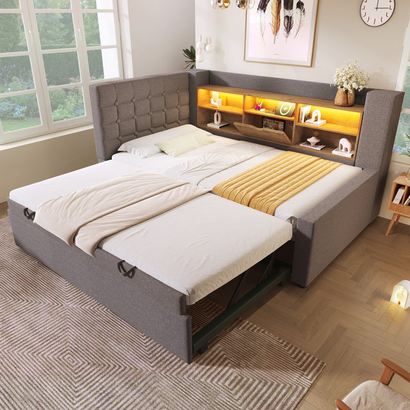 Upholstered Daybed with Trundle Bed, Grey