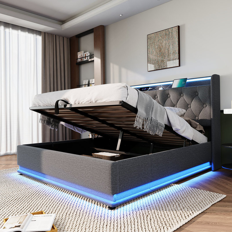 Upholstered bed, 360 surround LED function, Buttons/Apps/Remote Control, hydraulic storage bed, Full