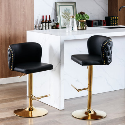 Adjustable Seat Height - Modern Pu Upholstered With Back For Home Pub And Kitchen Island  Black Of 2 Swivel Upholstered, Pub, 2