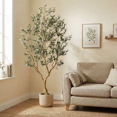 7 ft Faux Olive Tree with Natural Fruits, Lifelike Artificial Olive Plant for Home Decor