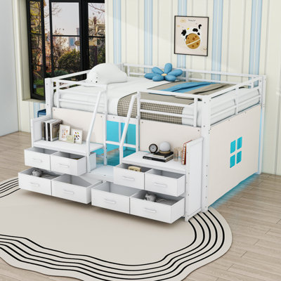 8 Drawers Full Low Loft Bed with Storage Stairs, Shelves and Built-in Lights